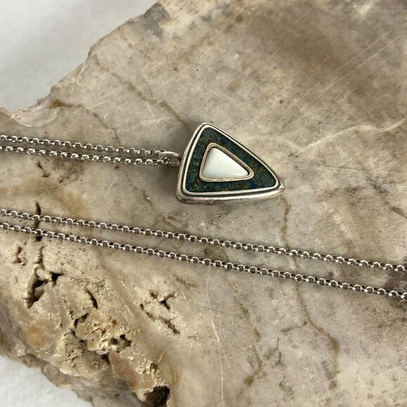 Sterling Silver 925 Relios Carolyn Pollack Green Stone MOP Pendant Necklace 18" - Picture 5 of 16